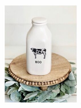 NEW Rae Dunn Farm Line Moo Cow Milk Bottle Jug Carafe With Lid 🐄